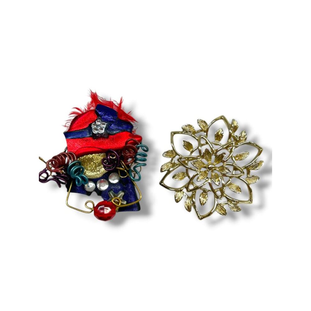 2 Brooches Pins Goldtone Floral 1.6" Red Hat Artsy Mixed Media 2"